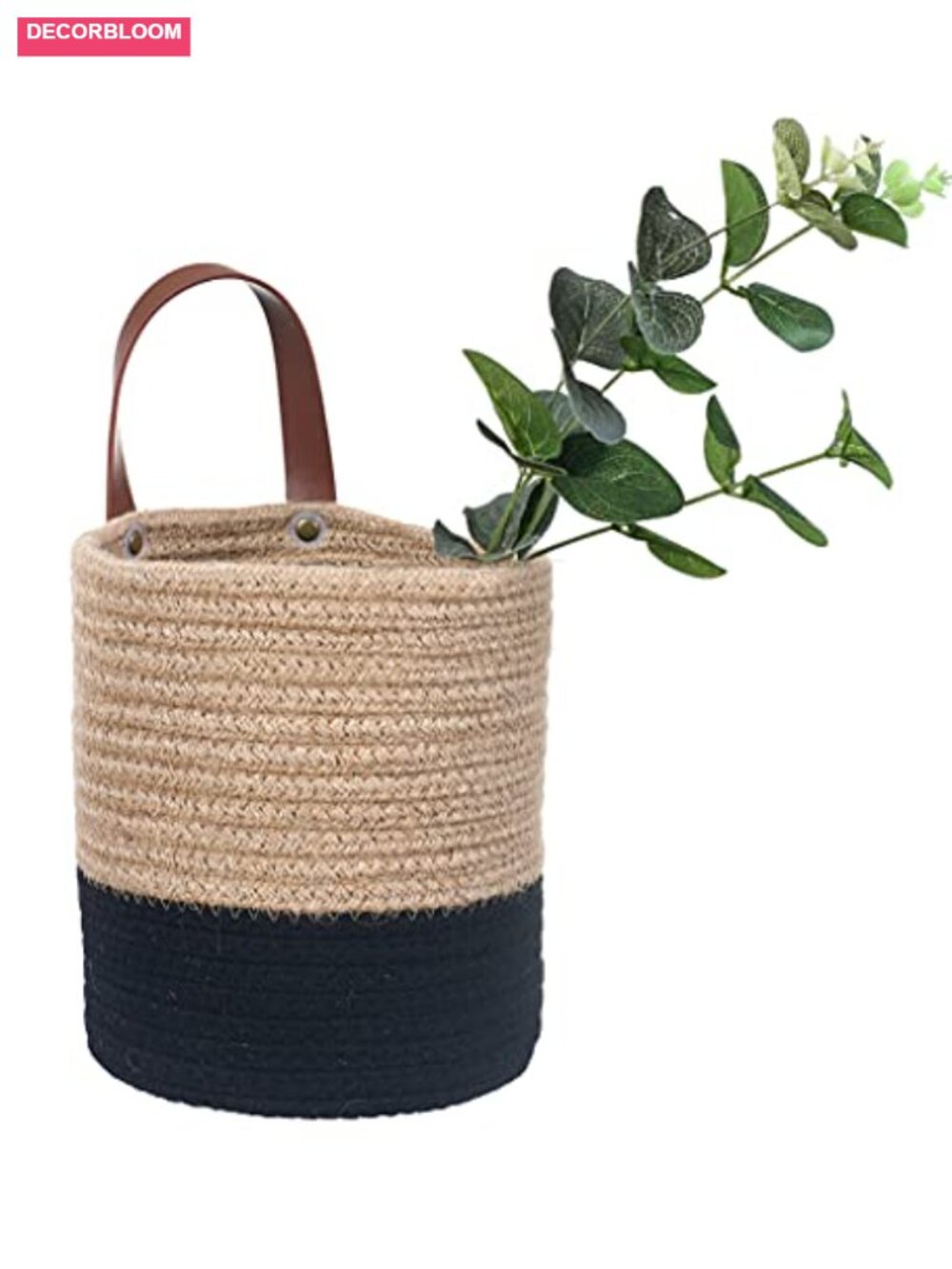 Woven Cotton Rope Hanging Storage Basket with Leather Handle